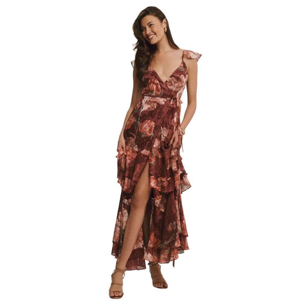 New! Anthropologie Hutch Senna Floral Flutter Sleeve Tiered Maxi Wrap Dress Sz S
